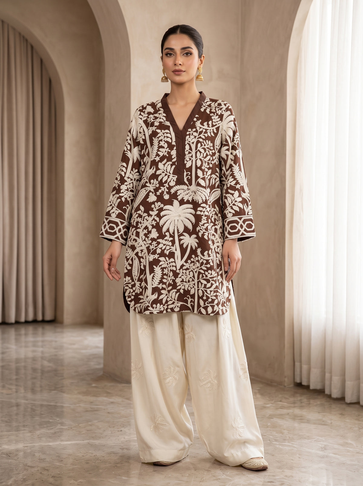 Brown Embroidered Vescos 2-Piece Cord Set with Farshi Shalwar