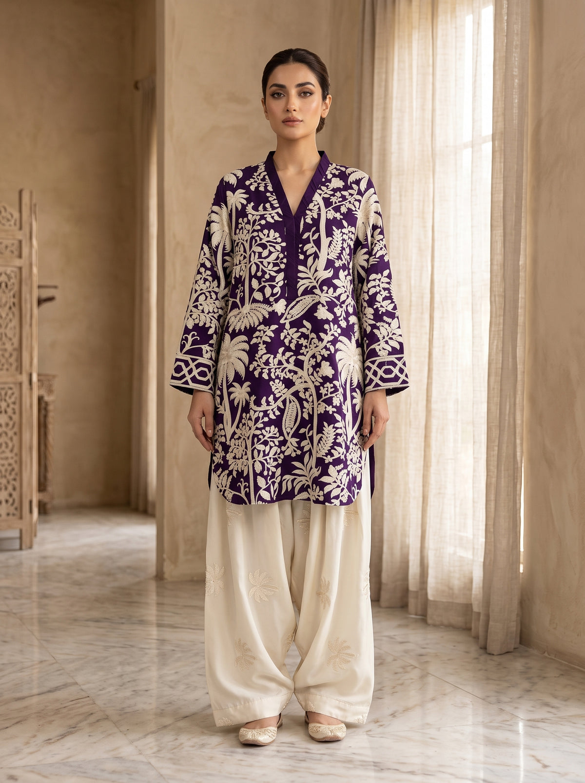 Purple Embroidered Vescos 2-Piece Cord Set with Farshi Shalwar
