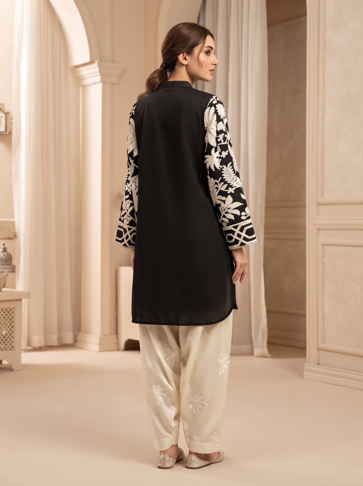 Black Embroidered Vescos 2-Piece Cord Set with Farshi Shalwar