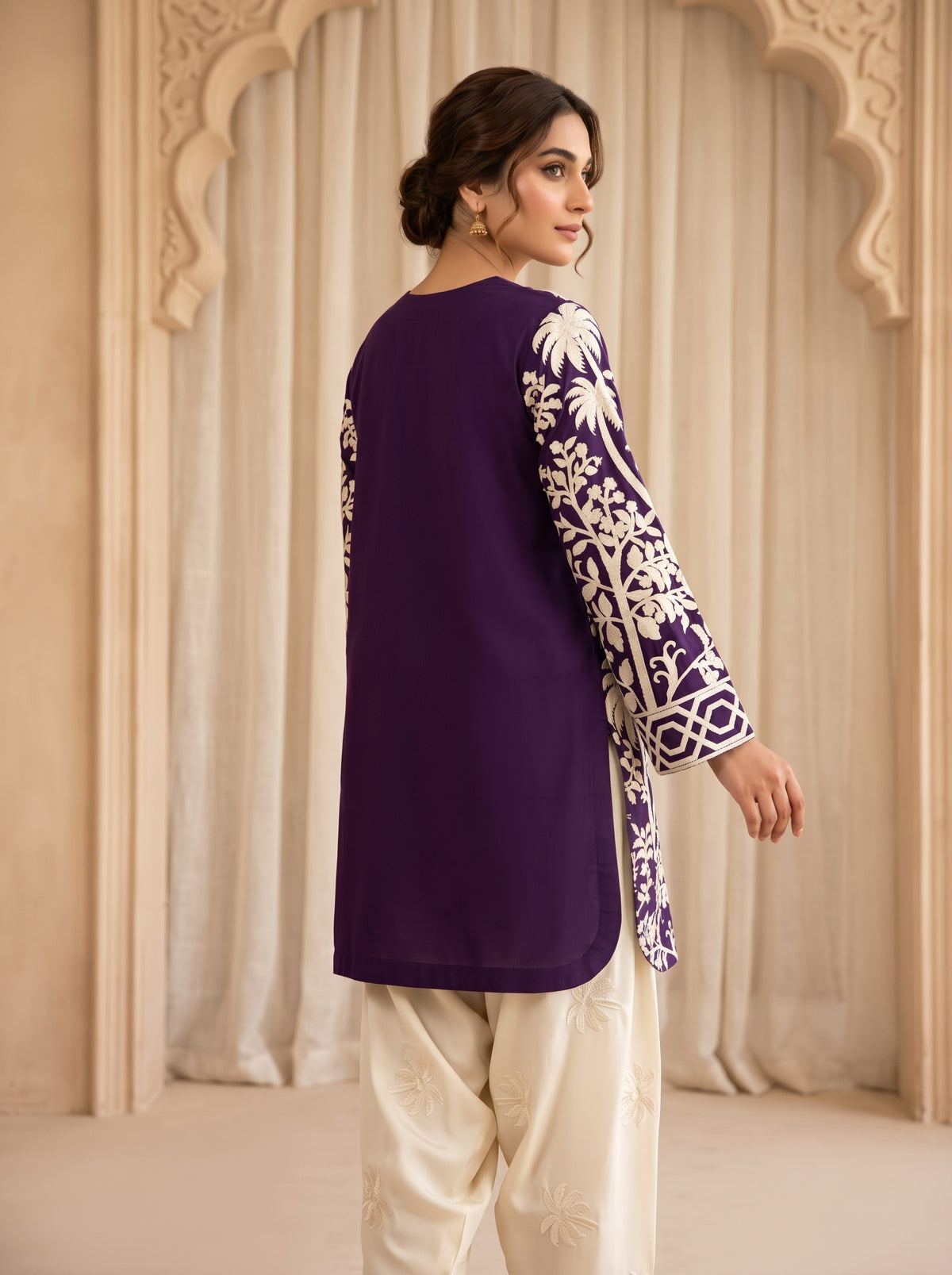 Purple Embroidered Vescos 2-Piece Cord Set with Farshi Shalwar