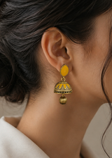 Gold-Tone Jhumka Earrings with Yellow Enamel Detailing