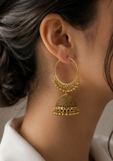 Gold-Tone Hoop Jhumka Earrings with Bead Fringe