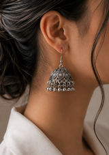 Silver Jhumka Earrings with Multicolor Stone Accents