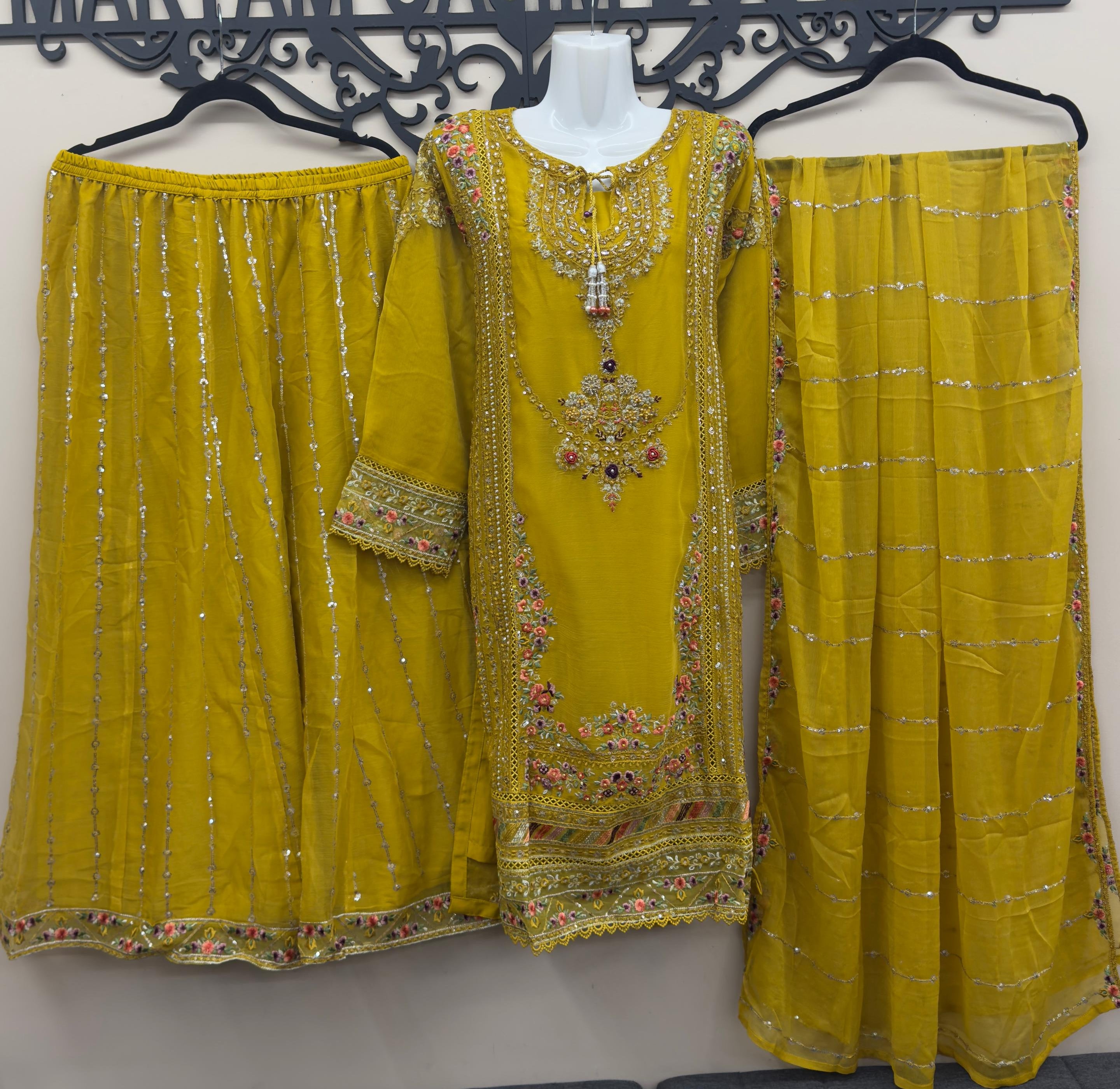 Mustard yellow chiffon wedding outfit with floral embroidery