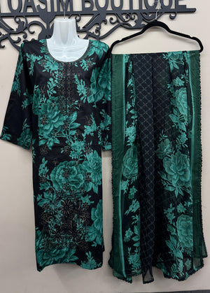 Navy blue and teal floral embroidered lawn 3 piece Pakistani suit with dupatta