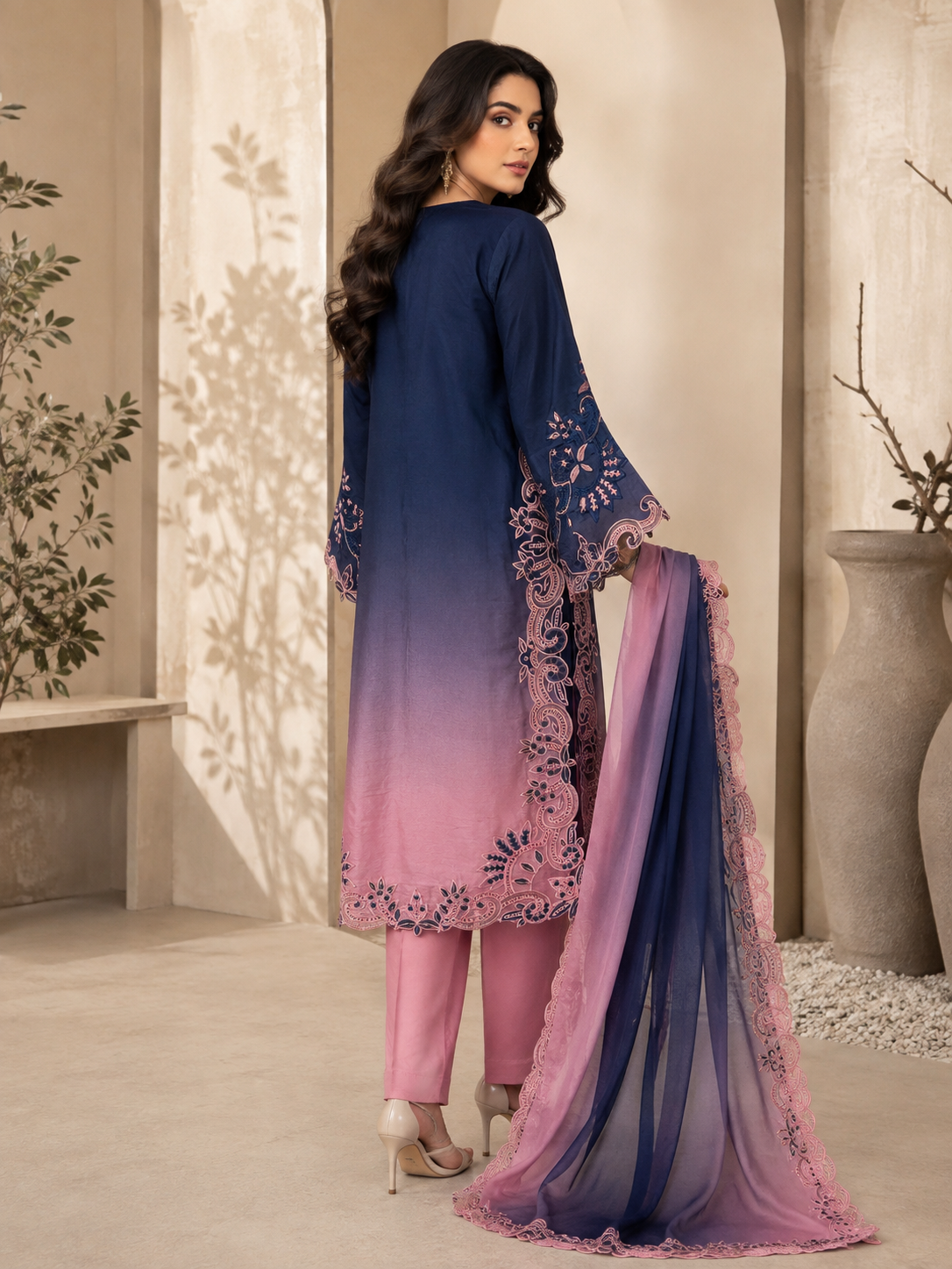 Navy blue Sheesha Silk shirt with dusty pink floral embroidery