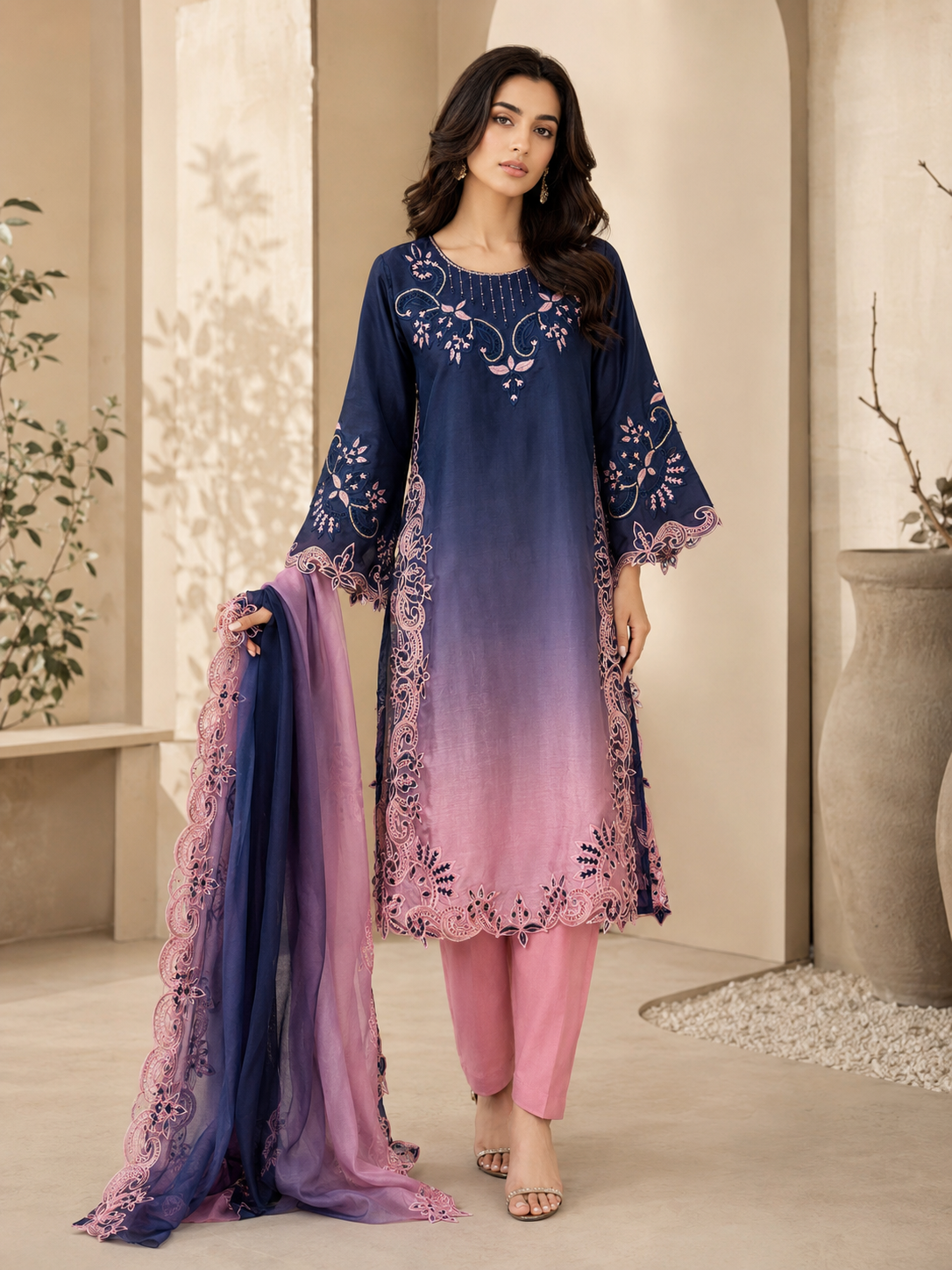 Navy blue and dusty pink embroidered 3 piece Pakistani silk suit