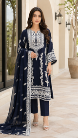 Navy Blue Chiffon Aari Embroidered 3-Piece Pakistani Suit
