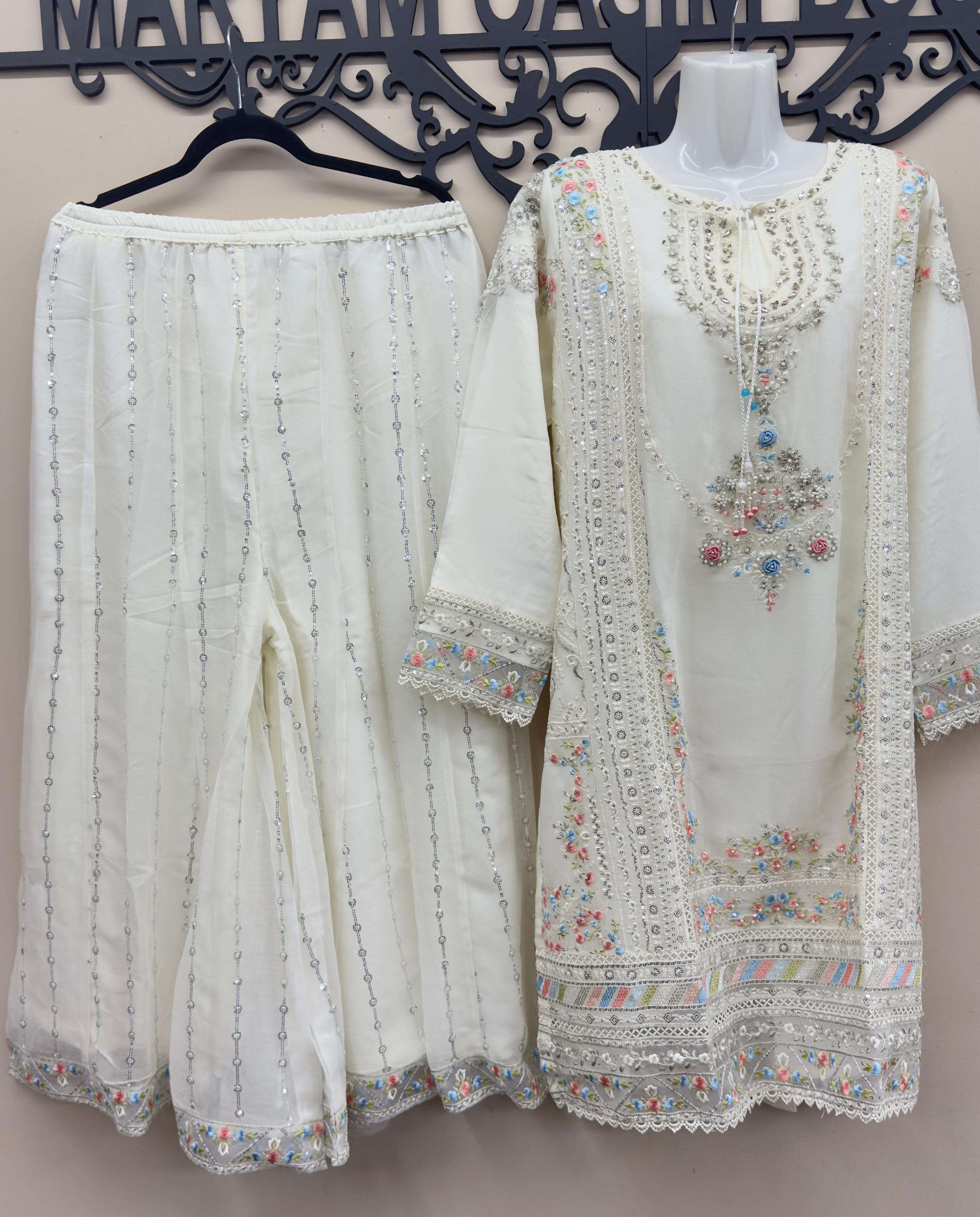 Off white chiffon embroidered shirt and trousers