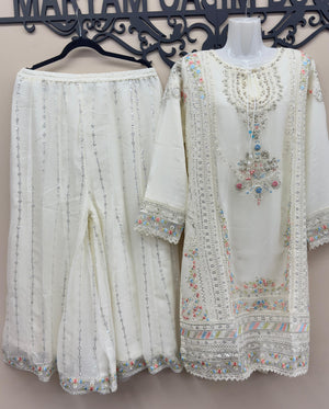 Off white chiffon embroidered shirt and trousers
