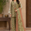 Olive green cotton embroidered 3-piece Pakistani suit with chiffon dupatta