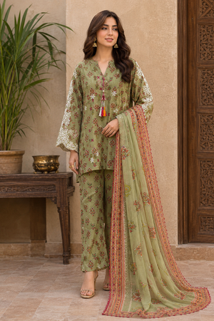 Olive green cotton embroidered 3-piece Pakistani suit with chiffon dupatta