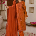 Burnt orange rust embroidered silk 3-piece Pakistani suit with chiffon dupatta