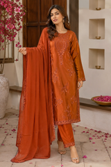 Burnt orange rust embroidered silk 3-piece Pakistani suit with chiffon dupatta