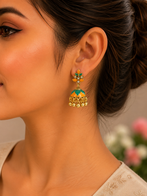Orange and green traditional jhumki earrings for women
