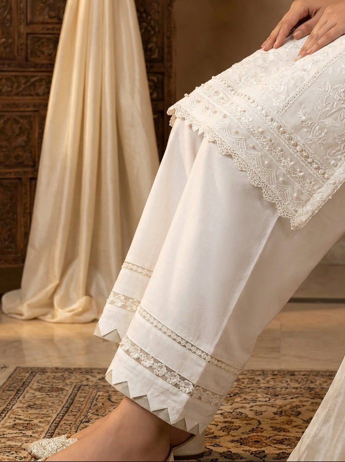 Original Khaadi off-white cotton trouser with triangle cutwork hem