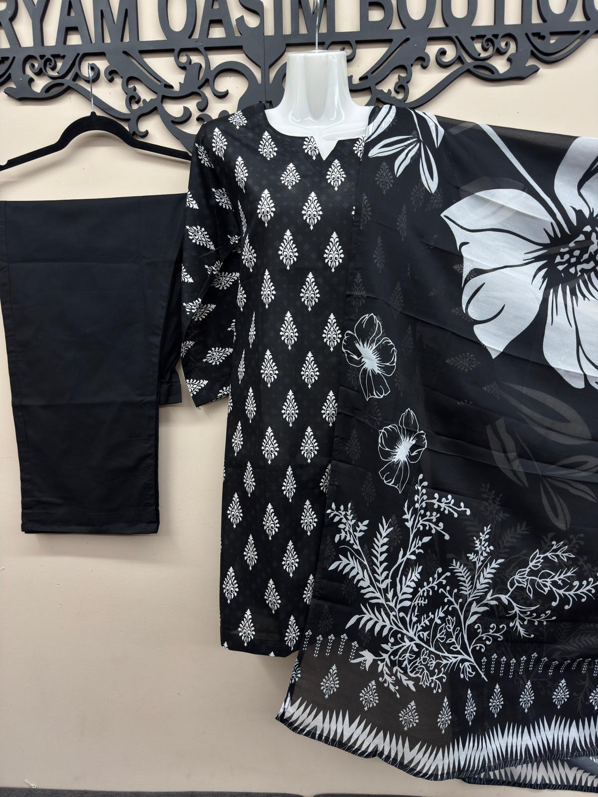 Original Tawakkal black printed lawn 3 piece suit for women with matching dupatta in canada