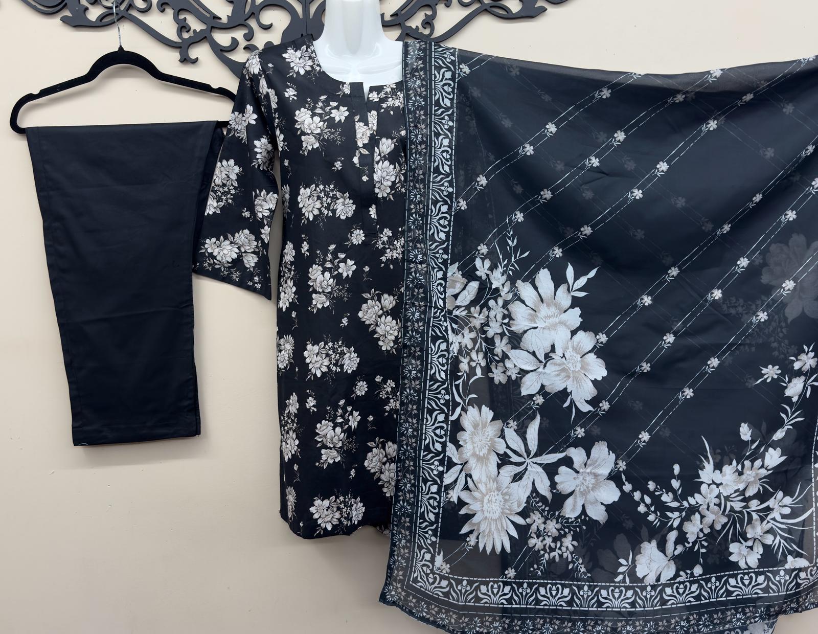 Original Tawakkal black lawn suit with printed shirt and dupatta