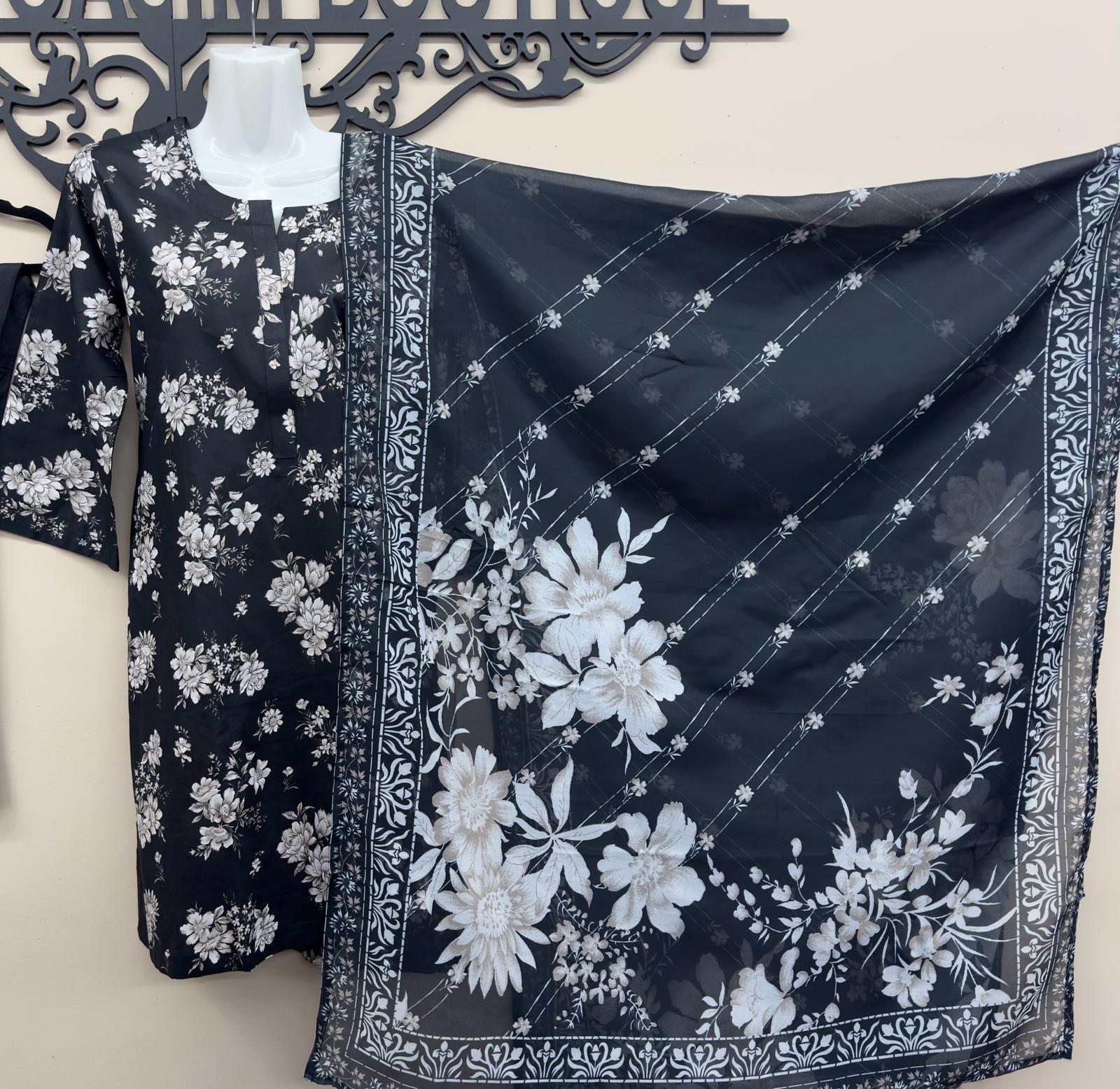 Original Tawakkal black lawn suit with printed shirt and dupatta in canada