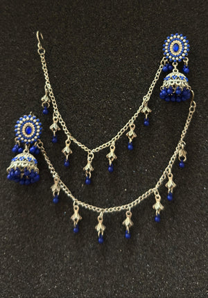 Oxidized silver jhumka earrings featuring sapphire blue stones and matching sahara chain in Canada.