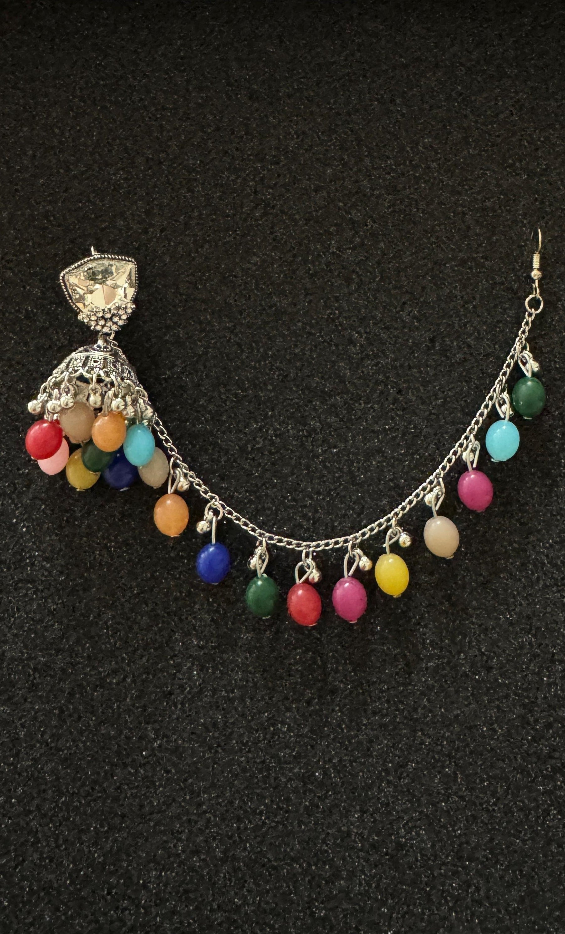 Pakistani & Indian style Oxidized Silver Afghan jhumka earrings with colorful beads and decorative sahara chain in Canada