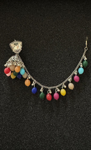 Pakistani & Indian style Oxidized Silver Afghan jhumka earrings with colorful beads and decorative sahara chain in Canada