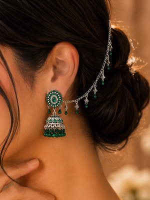 Oxidized silver jhumka earrings with emerald green stones and decorative sahara chain.