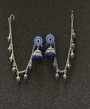 Oxidized silver jhumka earrings featuring sapphire blue stones and matching sahara chain in Canada.