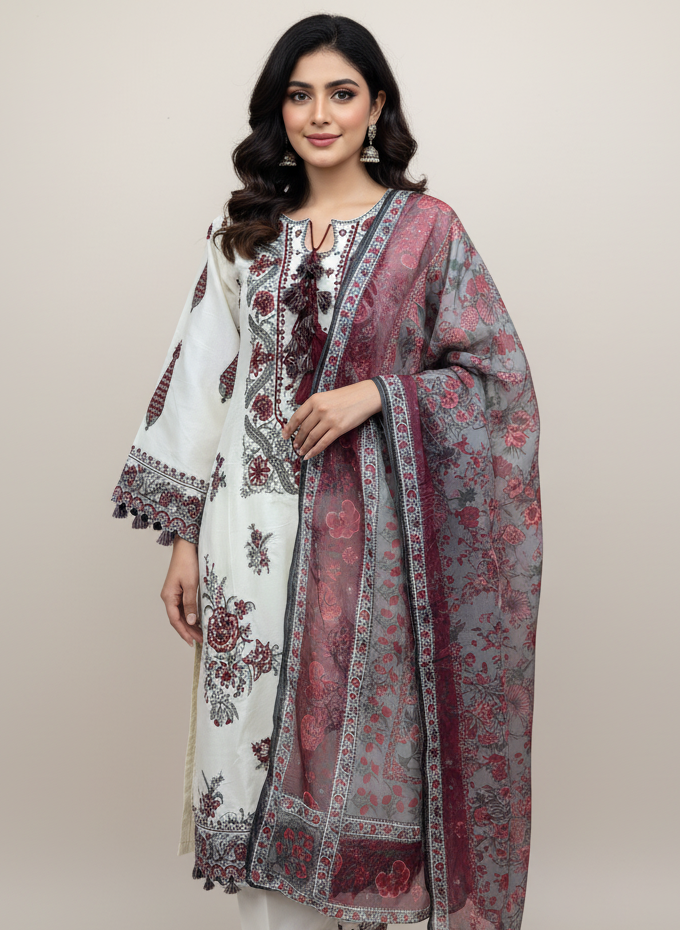 Embroidered Cotton 3 Piece Suit with Printed Chiffon Dupatta