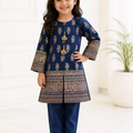 Baby Choice blue kids cotton 2 piece suit with printed shirt and matching trousers for girls.