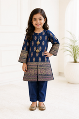 Baby Choice blue kids cotton 2 piece suit with printed shirt and matching trousers for girls.