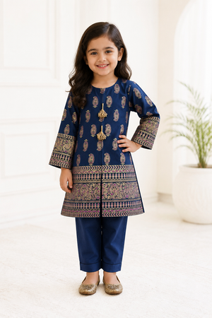 Baby Choice blue kids cotton 2 piece suit with printed shirt and matching trousers for girls.