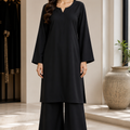 Jet black linen 2 piece co-ord set for women with matching palazzo trousers by Maryam Qasim Boutique