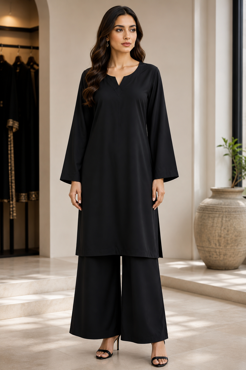 Jet black linen 2 piece co-ord set for women with matching palazzo trousers by Maryam Qasim Boutique