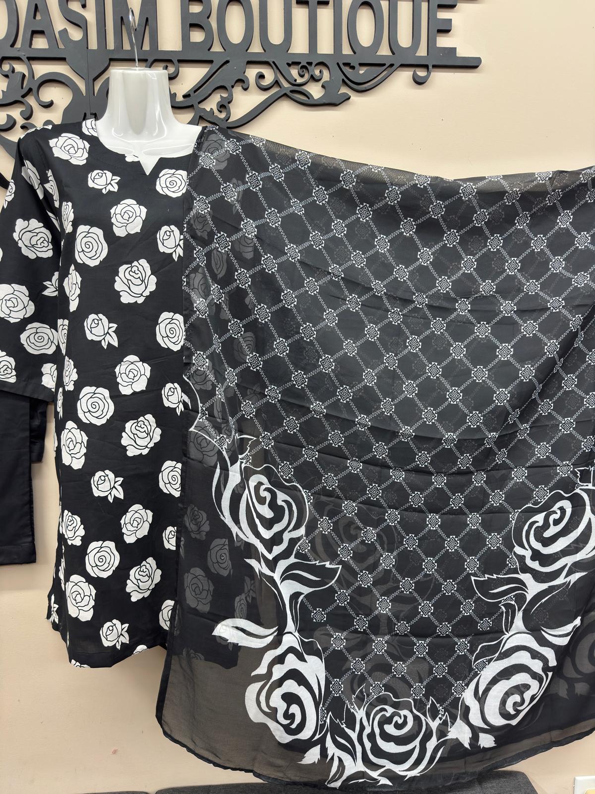 Black floral printed lawn suit for women by Maryam Qasim Boutique in canada