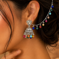 Pakistani & Indian style Oxidized Silver Afghan jhumka earrings with colorful beads and decorative sahara chain in Canada