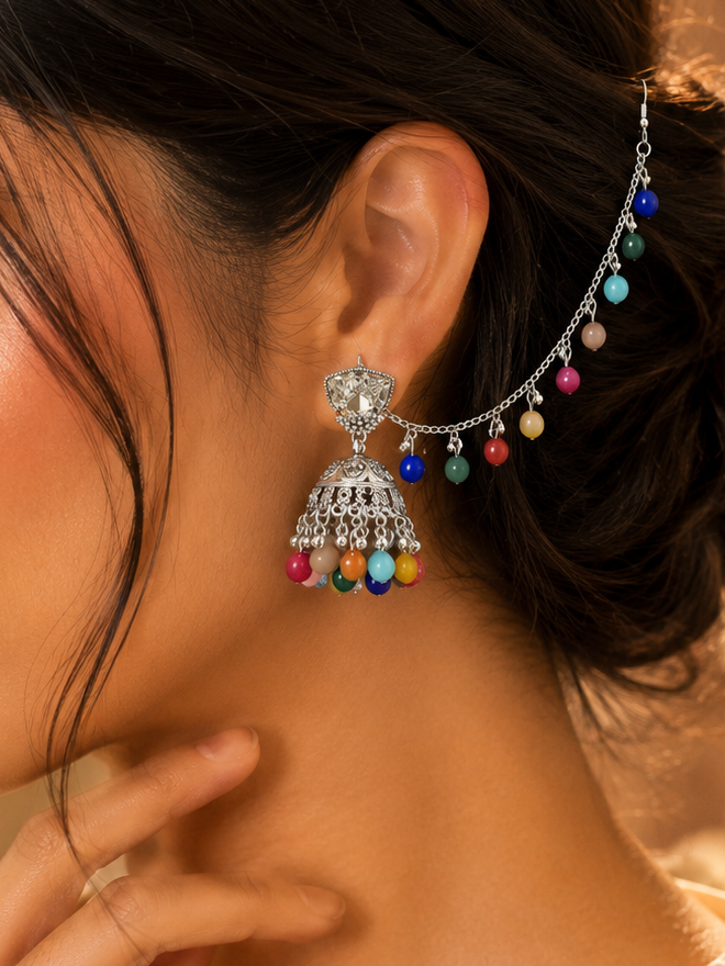 Pakistani & Indian style Oxidized Silver Afghan jhumka earrings with colorful beads and decorative sahara chain in Canada