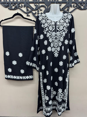 Pakistani black linen 2 piece embroidered outfit with matching palazzo pants