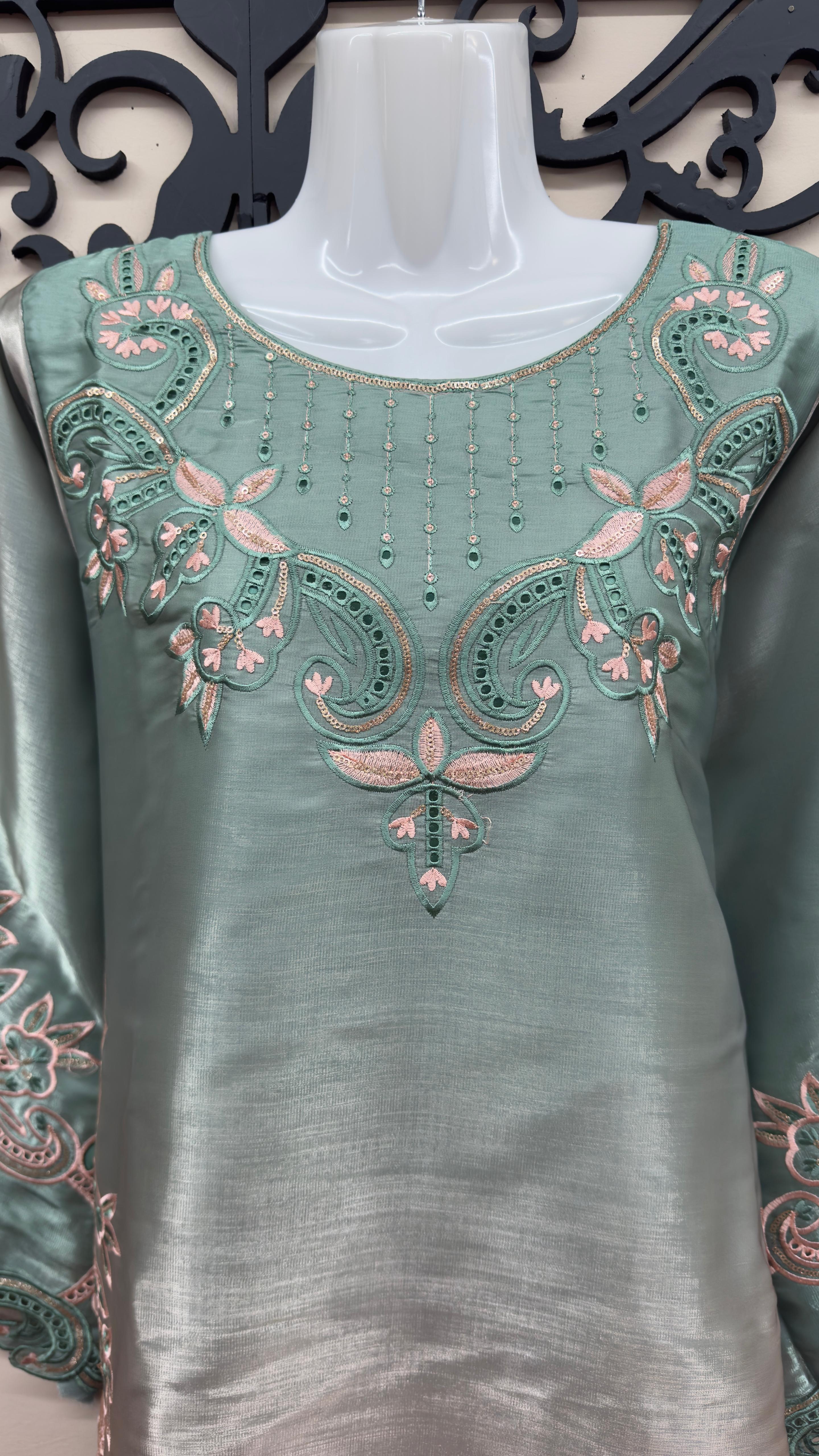 Pakistani embroidered kameez with navy silk trousers and dupatta