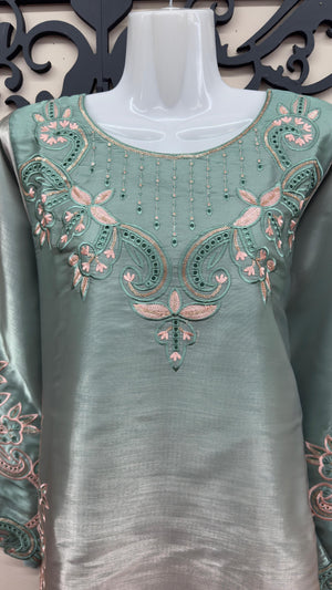 Pakistani embroidered kameez with navy silk trousers and dupatta