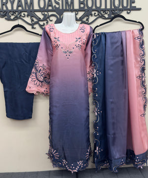 Pakistani embroidered kameez with navy silk trousers and dupatta
