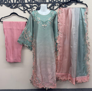 Pakistani embroidered kameez with navy silk trousers and dupatta
