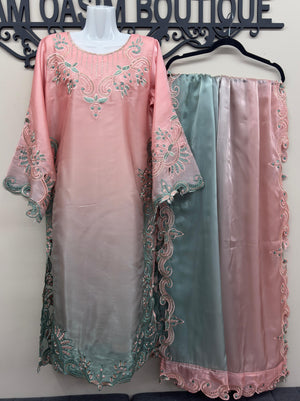 Pakistani formal wear with detailed cutwork embroidered sleeves and hem in canada