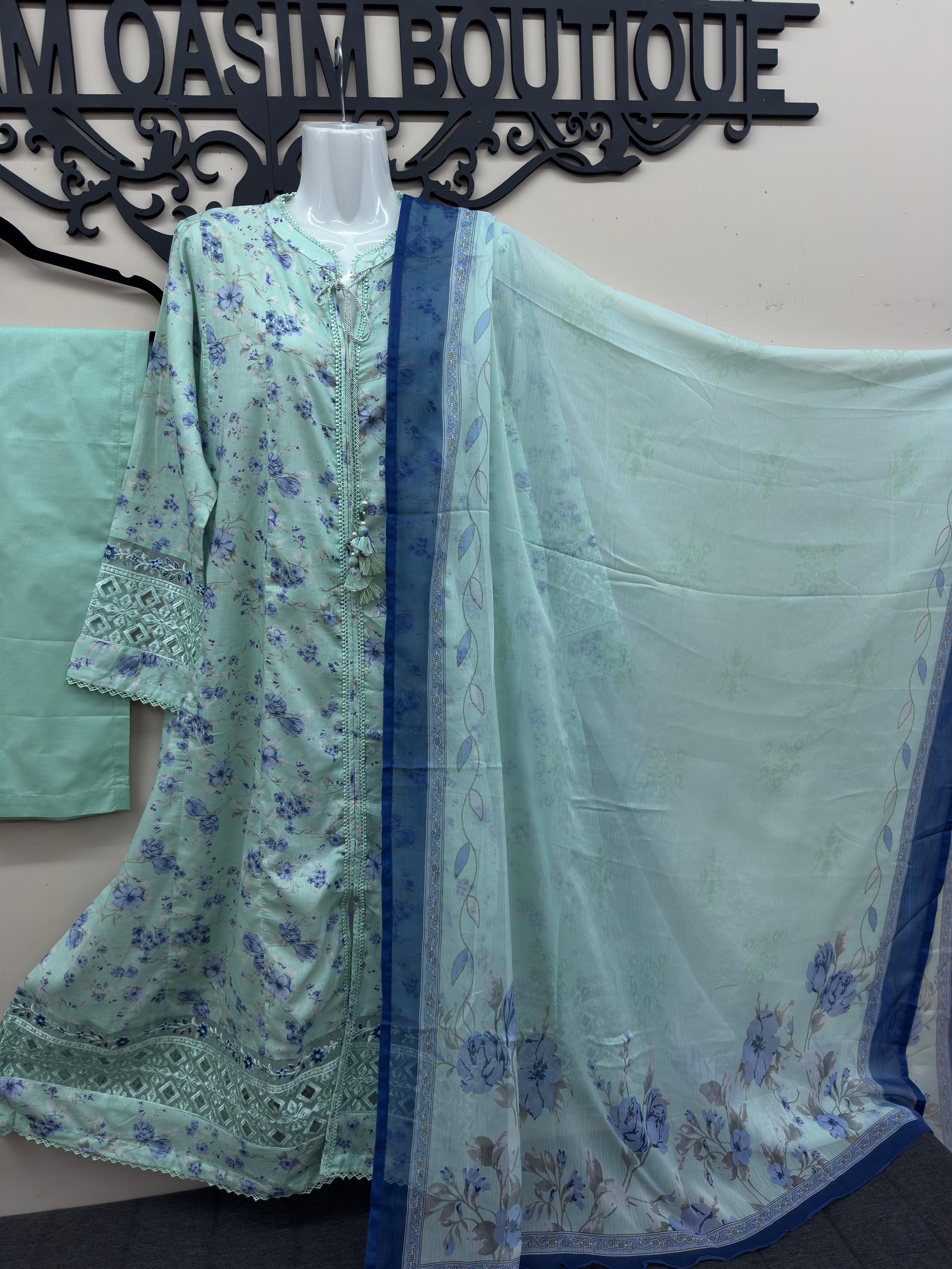 Pakistani mint green 3 piece lawn suit with printed chiffon dupatta n Canada
