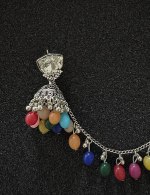 Pakistani & Indian style Oxidized Silver Afghan jhumka earrings with colorful beads and decorative sahara chain in Canada