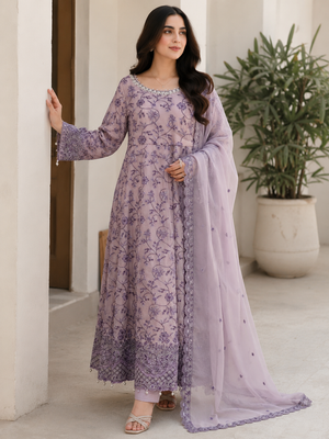 lilac chiffon embroidered maxi dress with chiffon dupatta and trousers