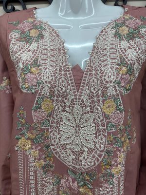 soft pink embroidered cotton 3 piece Pakistani suit with chiffon embroidered dupatta and cotton trousers