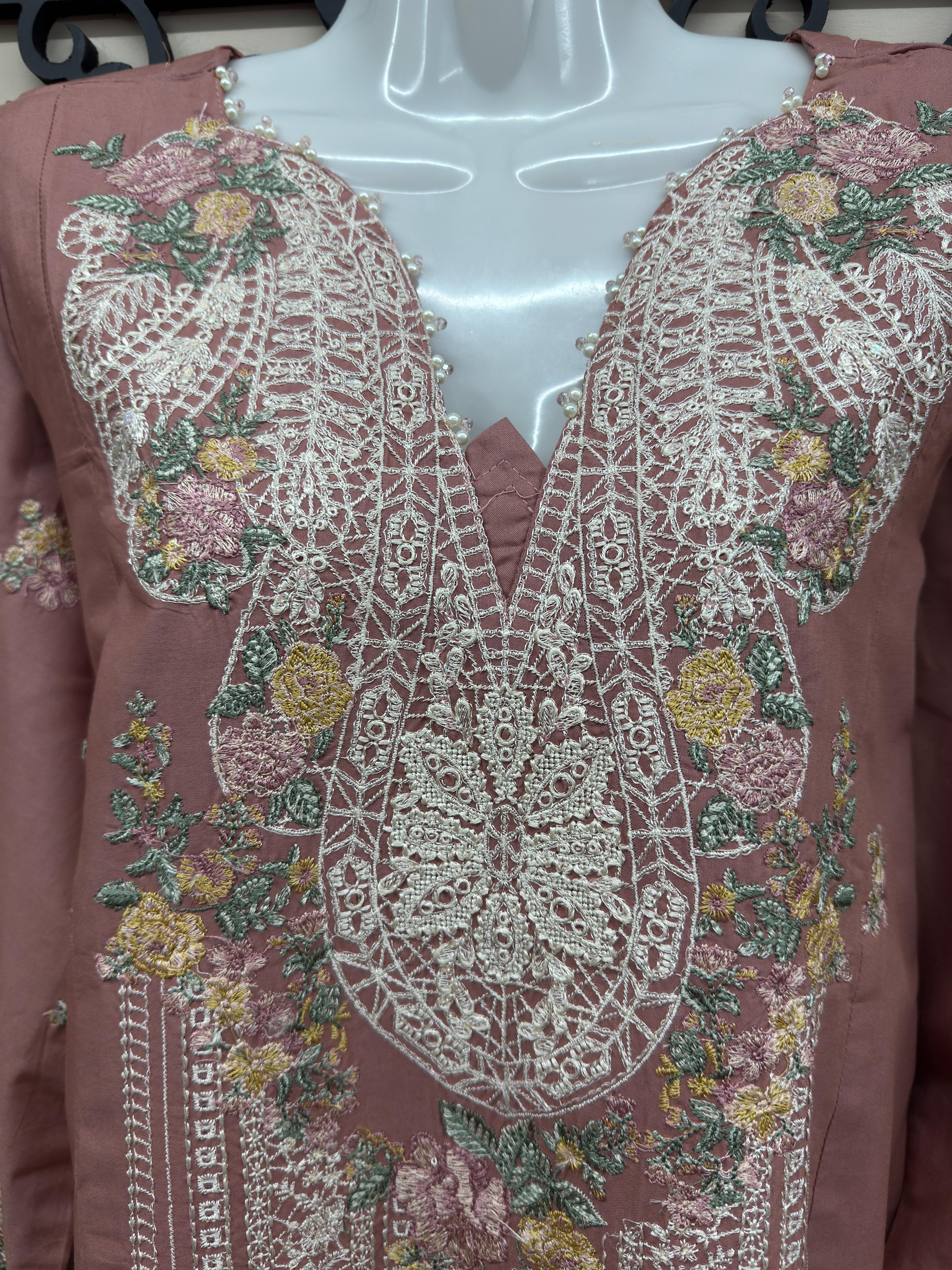 soft pink embroidered cotton 3 piece Pakistani suit with chiffon embroidered dupatta and cotton trousers