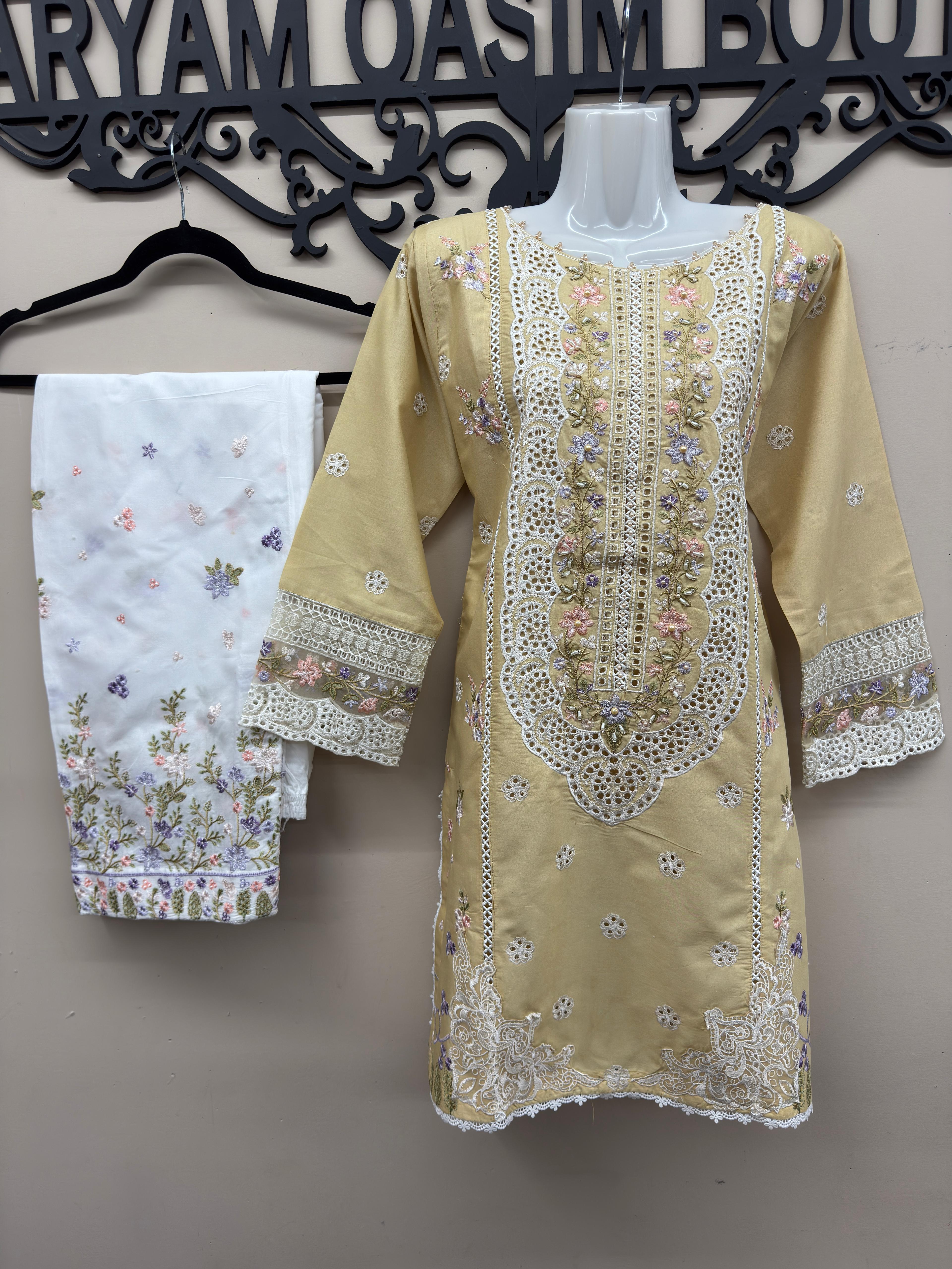 Beige embroidered cotton 3 piece Pakistani suit with embroidered shalwar and voile zari dupatta
