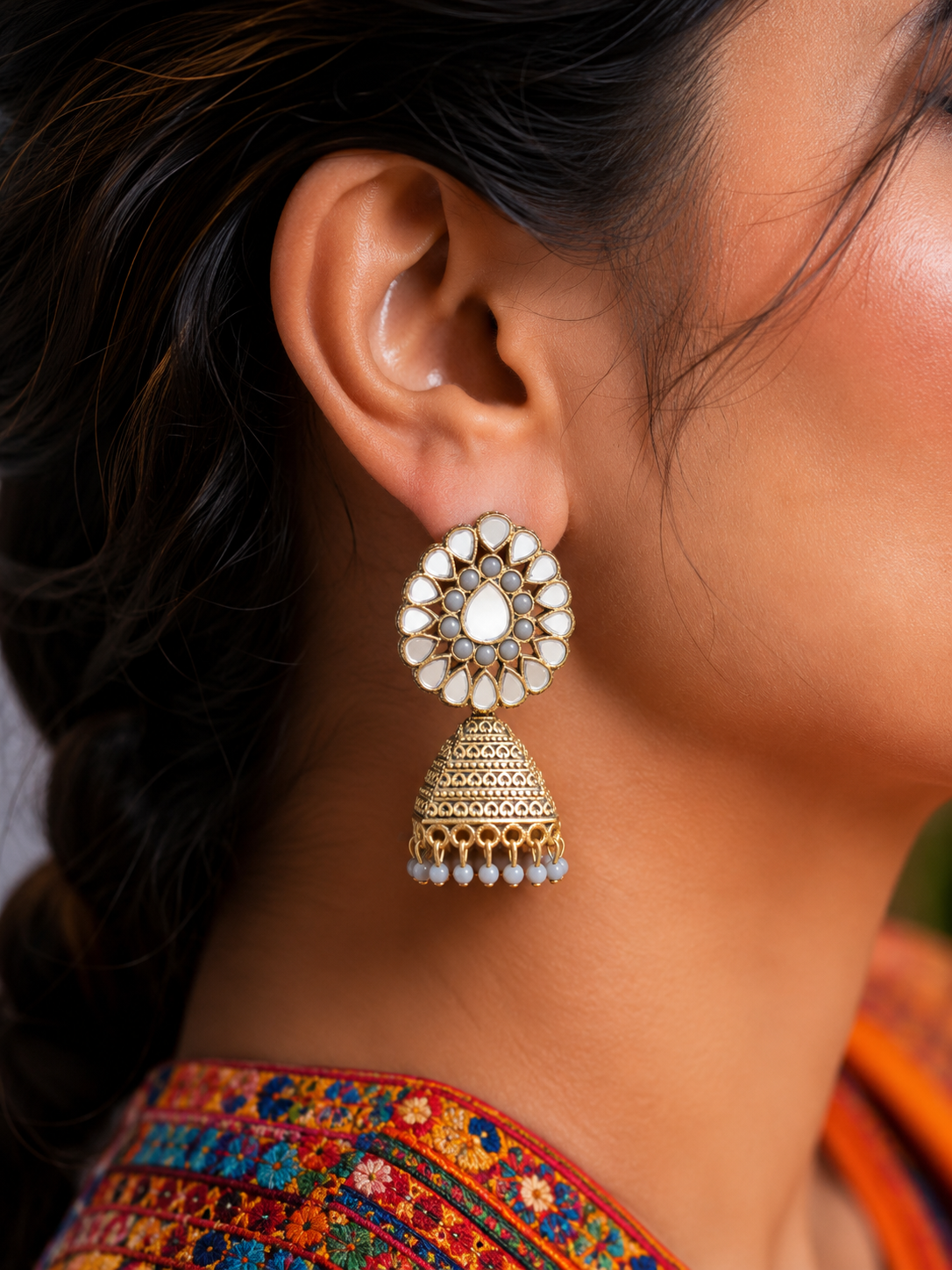 white jhumka earrings Canada
Pakistani white earrings
mirror work jhumka jewelry
ethnic gold earrings women